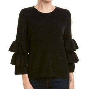 J McLaughlin Merino Black Wool Sweater Ruffle Sleeve Pullover Sz Medium (Tag L)
